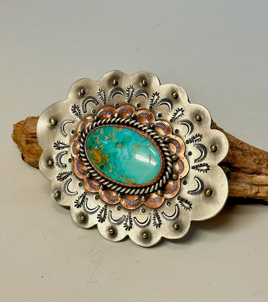 MONTEZUMA ROYSTON TURQUOISE STERLING SILVER AND COPPER BELT BUCKLE JK125