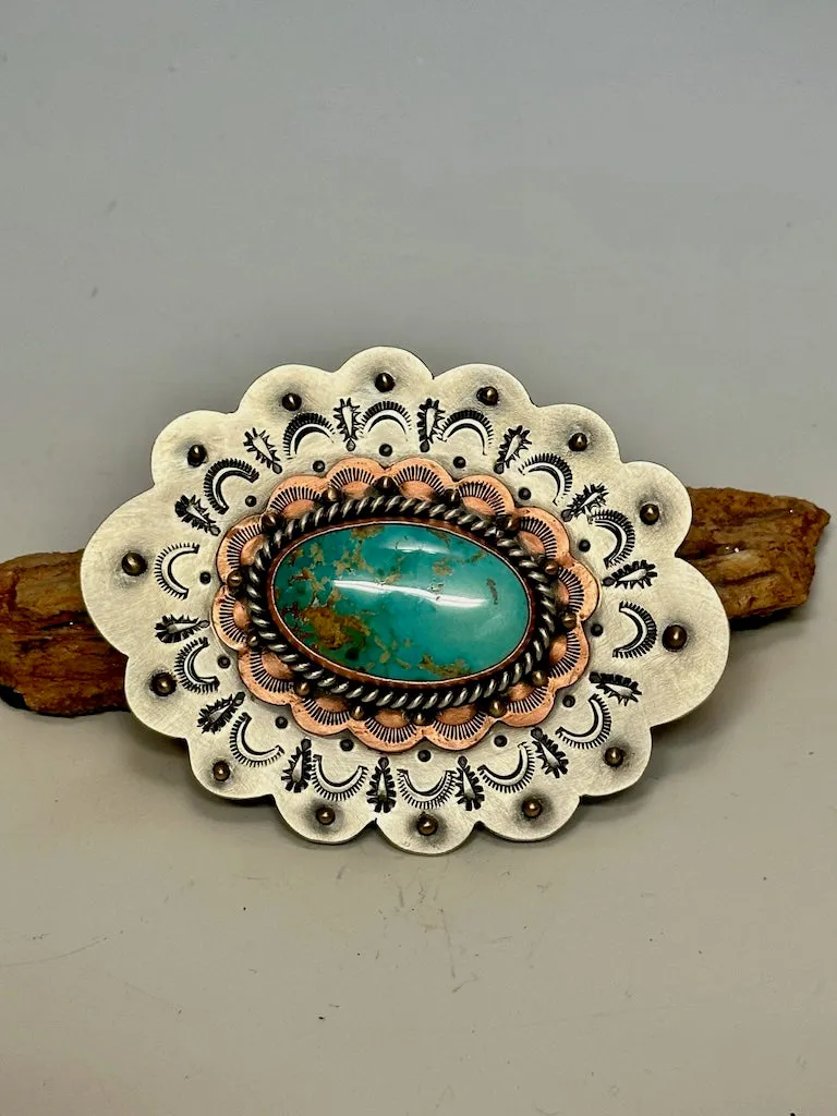 MONTEZUMA ROYSTON TURQUOISE STERLING SILVER AND COPPER BELT BUCKLE JK125