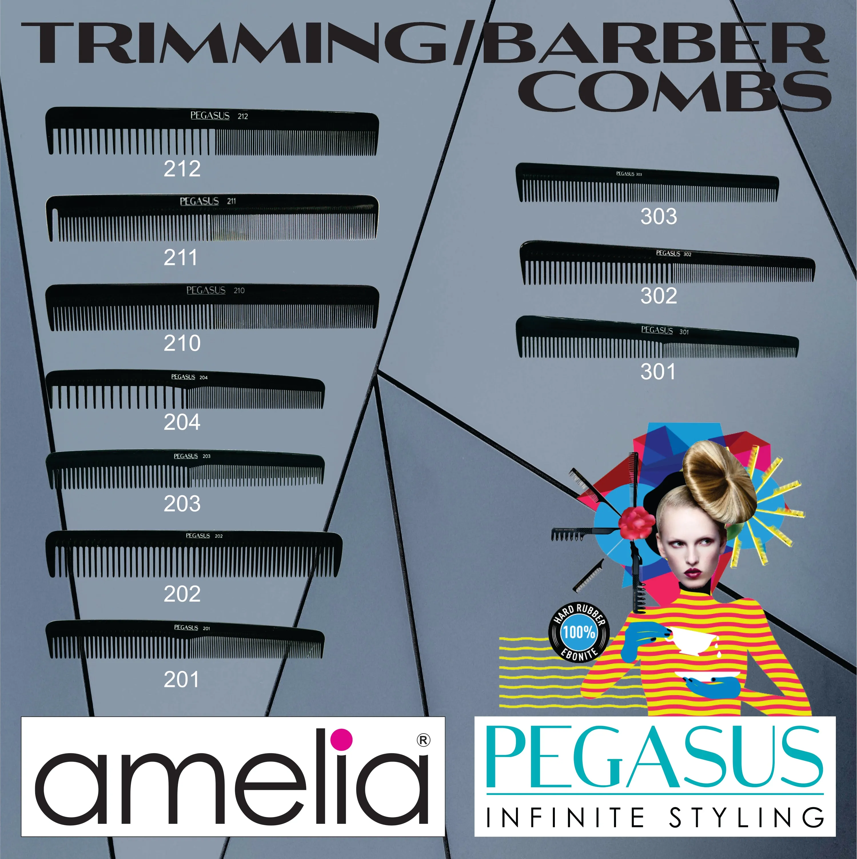 Pegasus 202, 7in Hard Rubber Hair Detangling/Trimmer Course Tooth Comb,  Seamless, Smooth Edges, Anti Static, Heat and Chemically Resistant, Everyday Grooming Comb | Peines de goma dura - Black