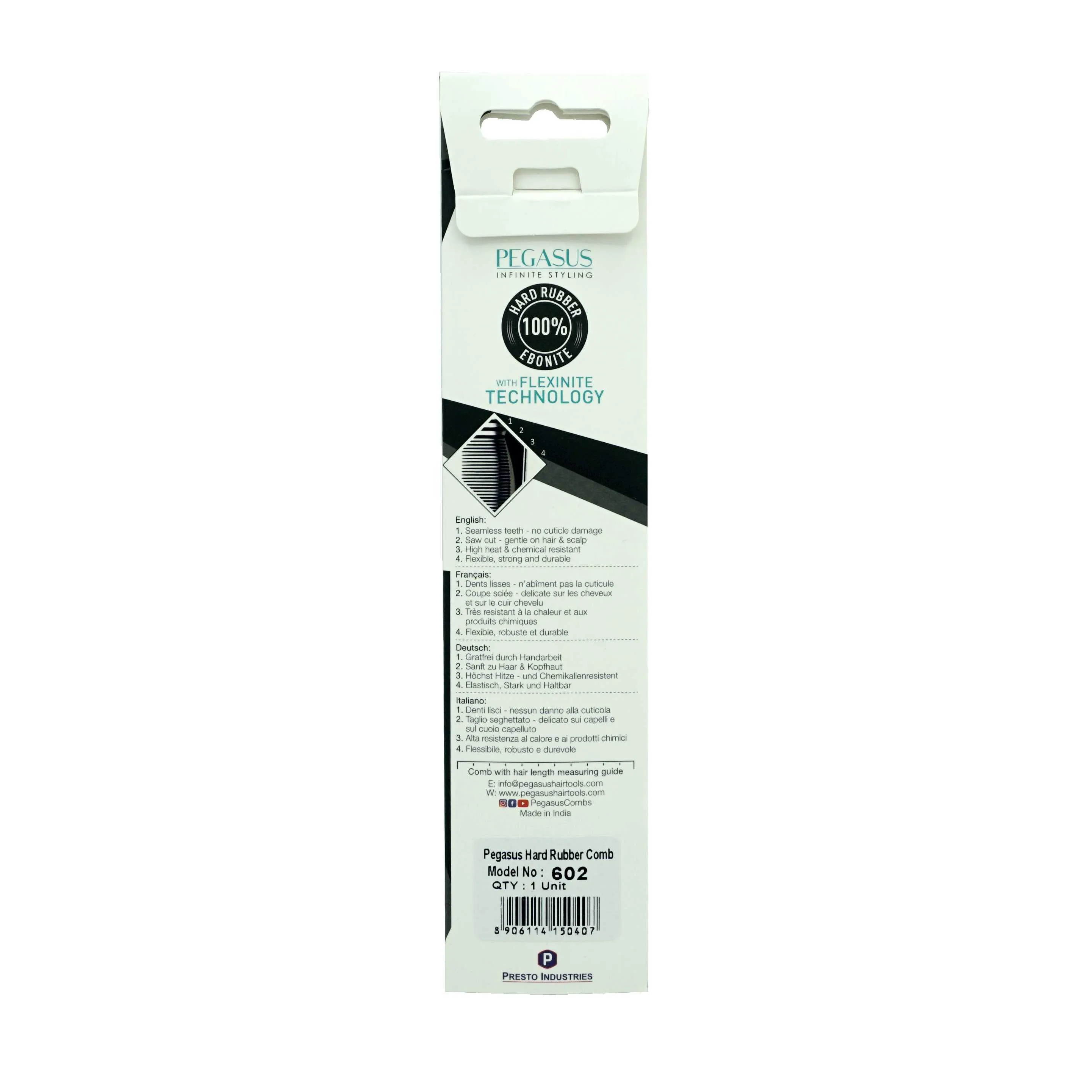 Pegasus 602, 6in Hard Rubber Pocket Comb, Handmade, Seamless, Smooth Edges, Anti Static, Heat and Chemically Resistant, Portable Pocket Purse Mustache Comb | Peines de goma dura - Black
