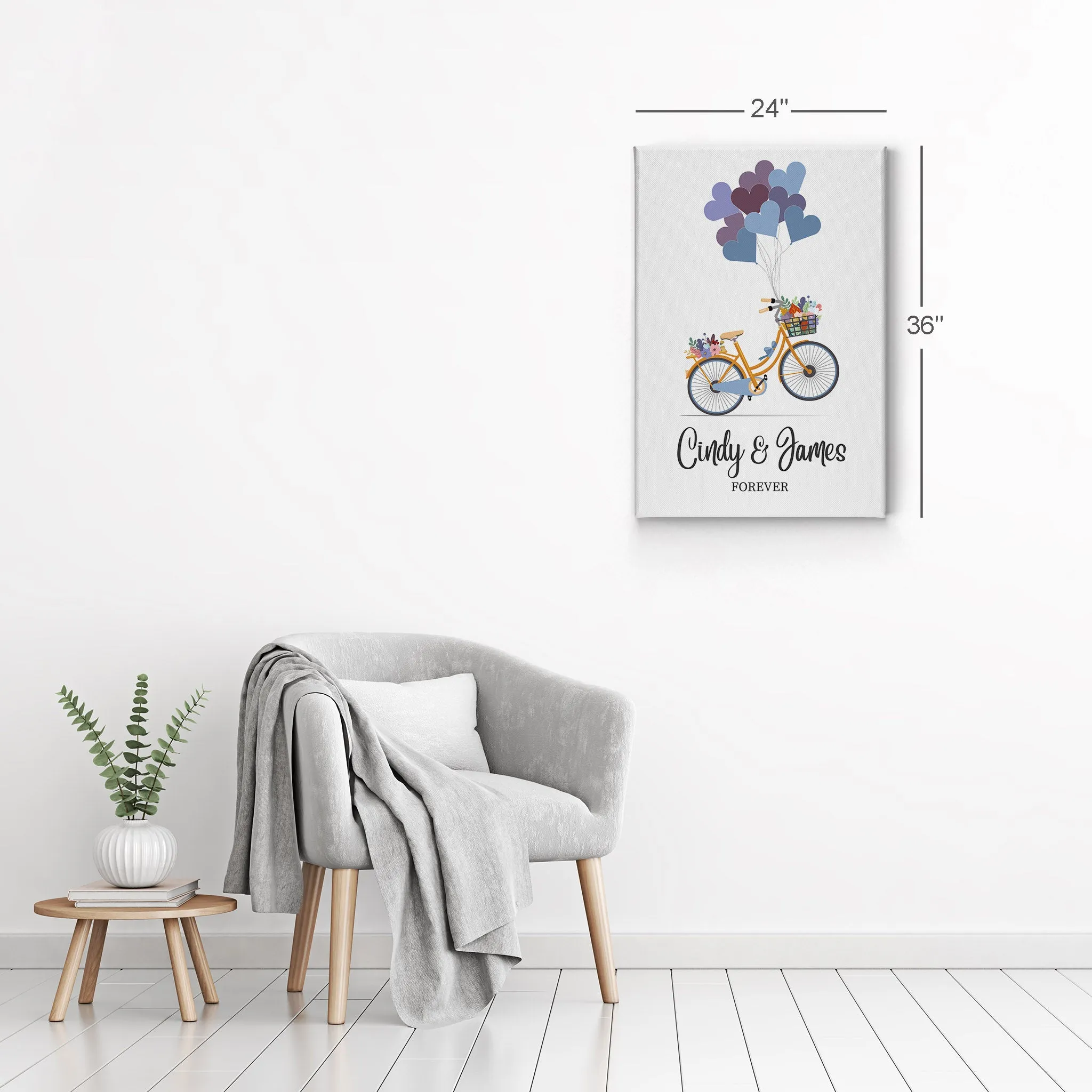 Personalized Gift Wall Art with Couple Names Blue Bicycle and Love Baloons Forever Design