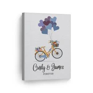 Personalized Gift Wall Art with Couple Names Blue Bicycle and Love Baloons Forever Design