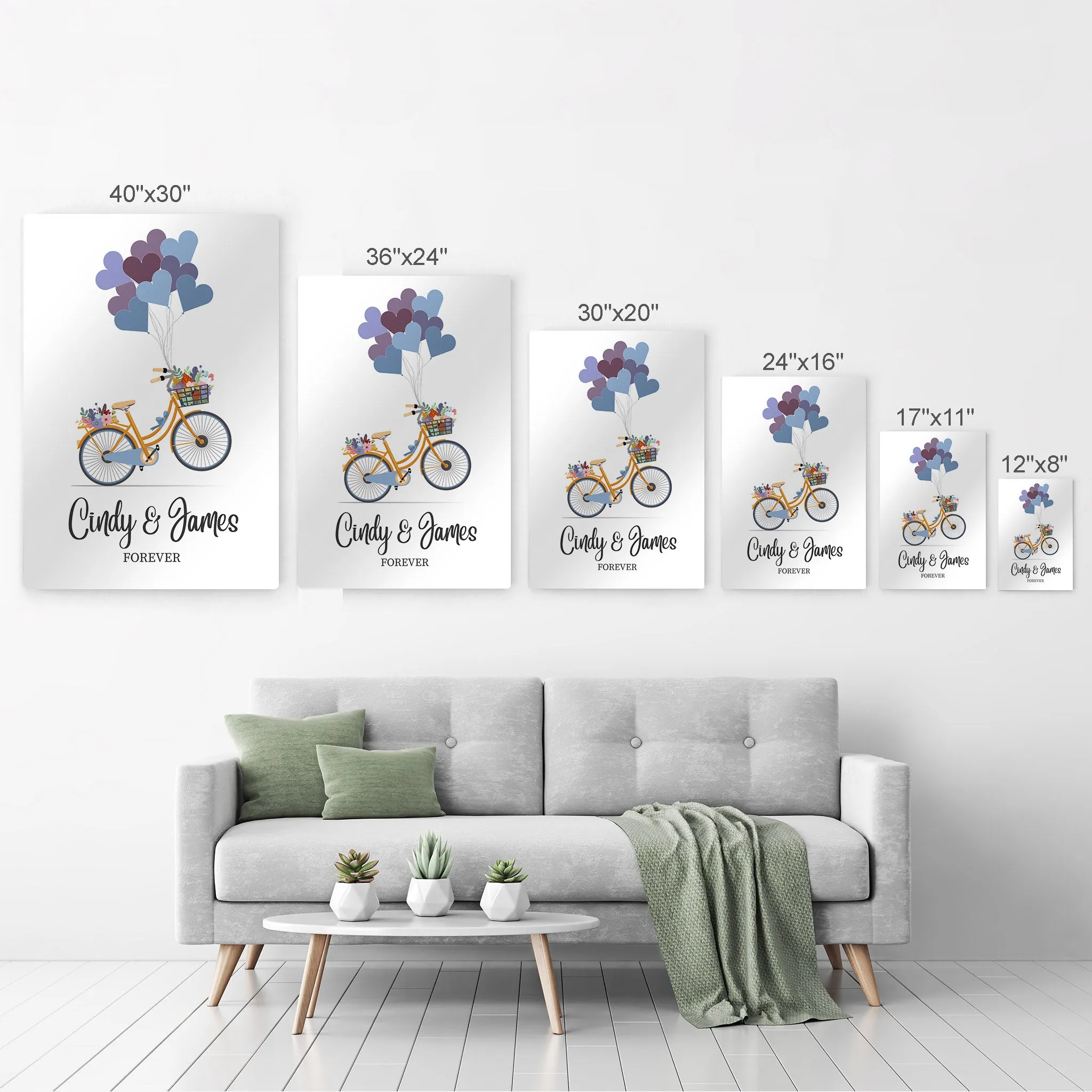 Personalized Gift Wall Art with Couple Names Blue Bicycle and Love Baloons Forever Design