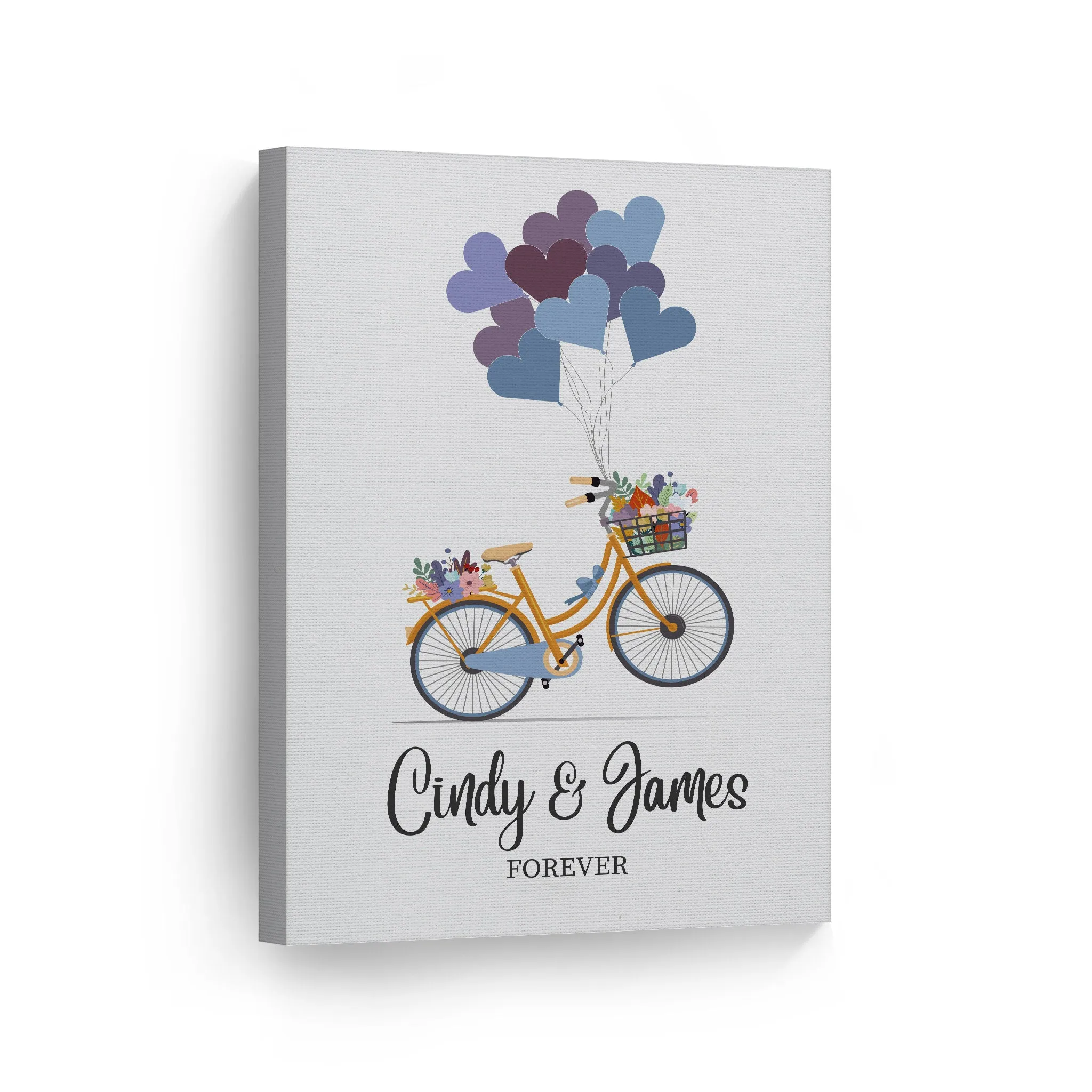 Personalized Gift Wall Art with Couple Names Blue Bicycle and Love Baloons Forever Design