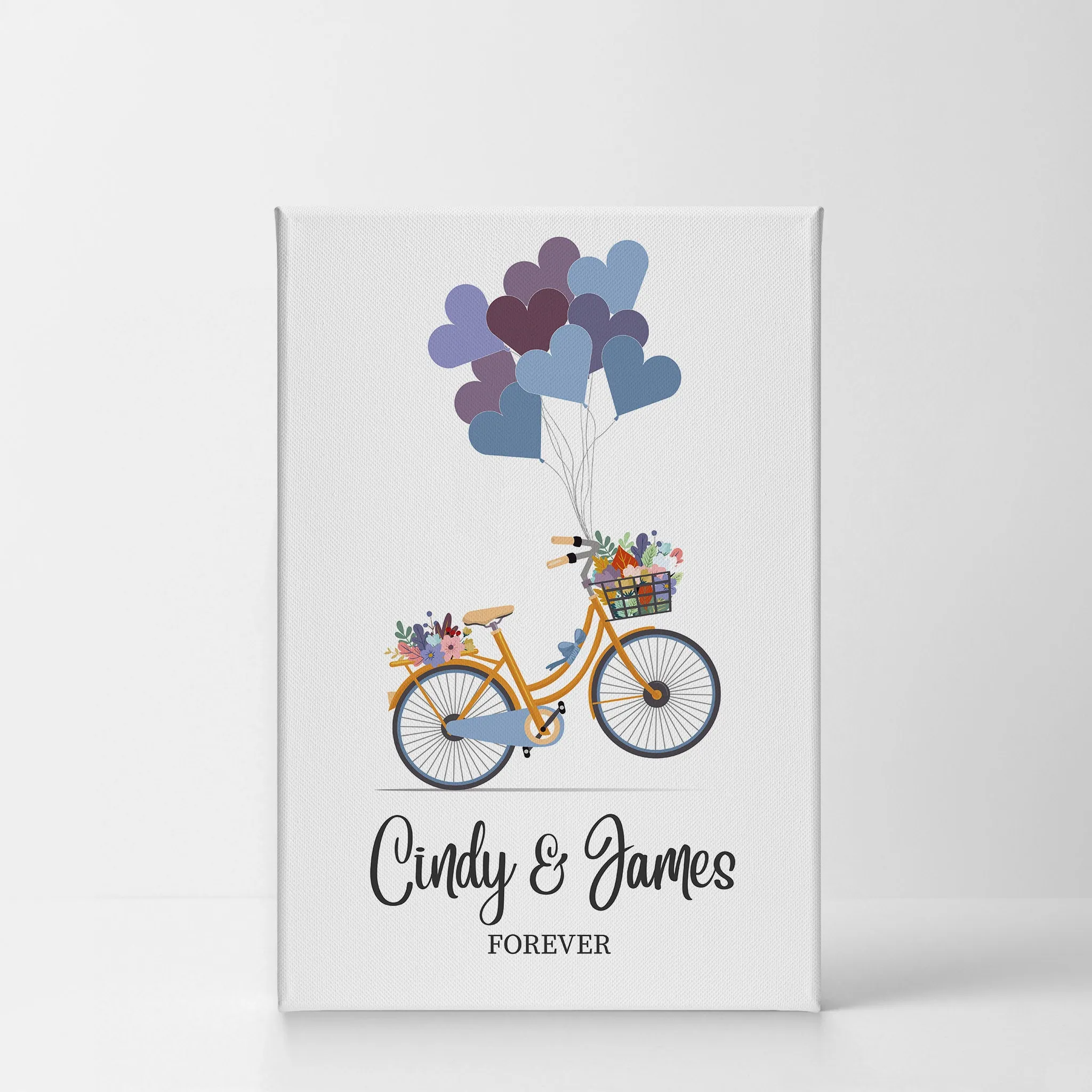 Personalized Gift Wall Art with Couple Names Blue Bicycle and Love Baloons Forever Design