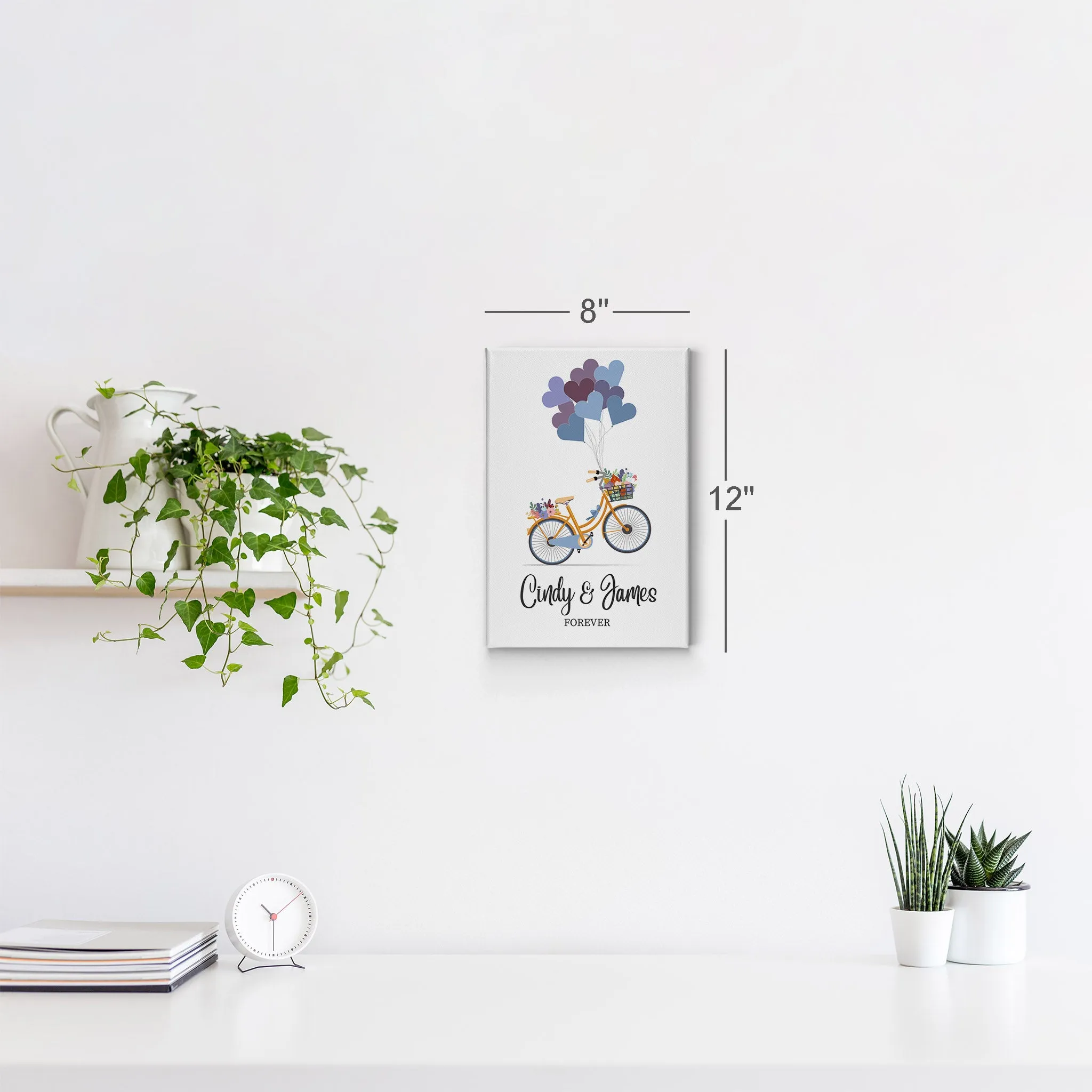Personalized Gift Wall Art with Couple Names Blue Bicycle and Love Baloons Forever Design