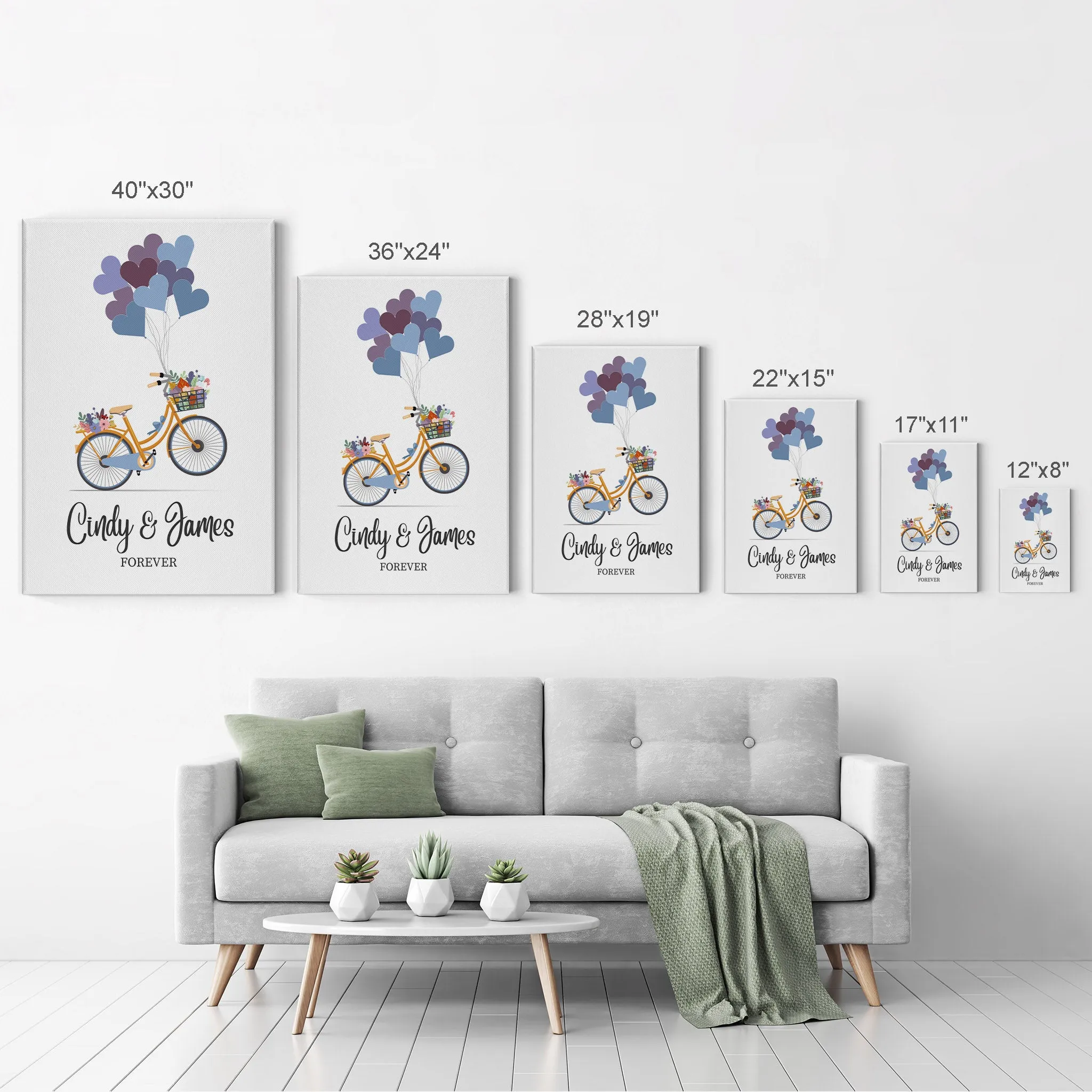 Personalized Gift Wall Art with Couple Names Blue Bicycle and Love Baloons Forever Design