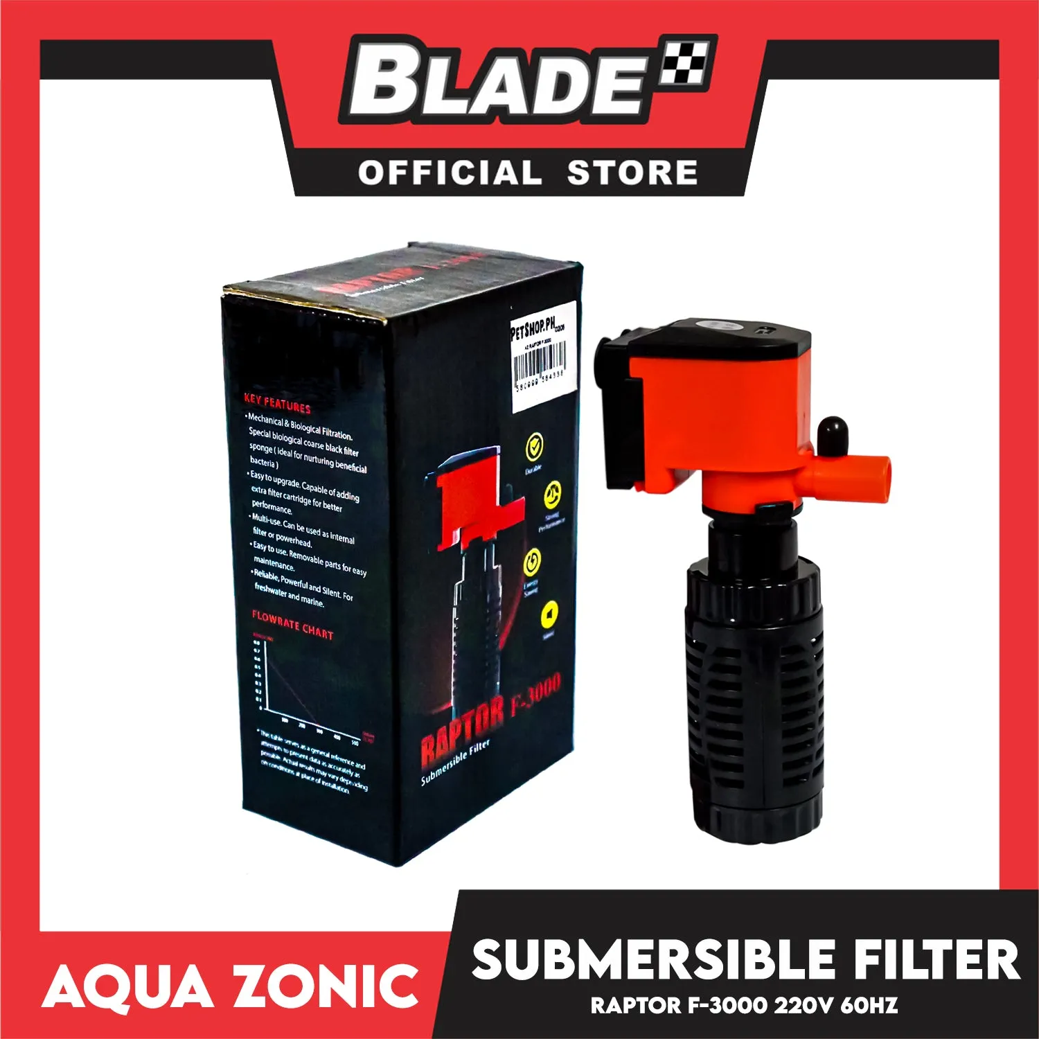 Raptor F-3000 Submersible Filter 1.8W, Max Flow 300, Max Height 0.65, Cartridge 1, 220V-240V 60Hz, Durable, Silent, Energy Saving And Strong Performance Fish Tank Filter