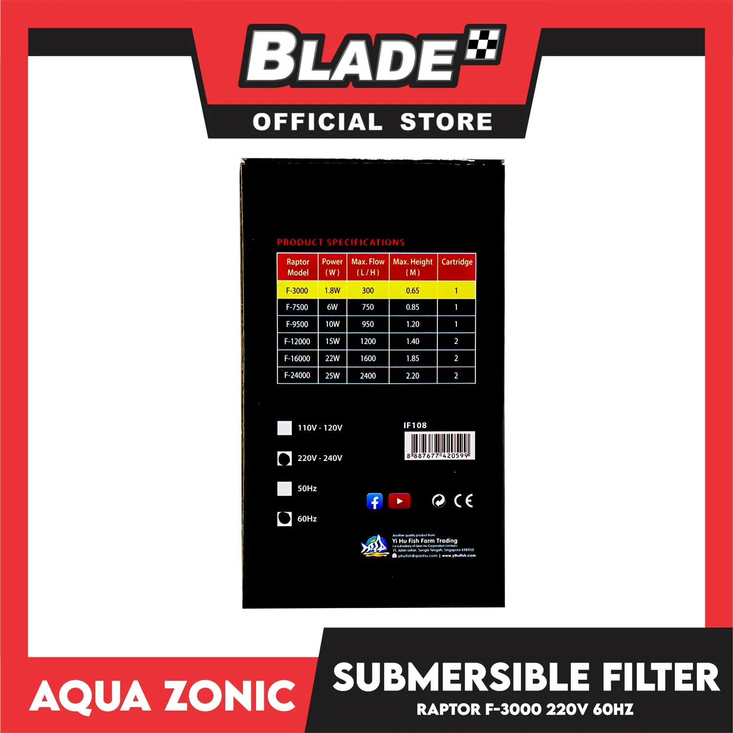 Raptor F-3000 Submersible Filter 1.8W, Max Flow 300, Max Height 0.65, Cartridge 1, 220V-240V 60Hz, Durable, Silent, Energy Saving And Strong Performance Fish Tank Filter