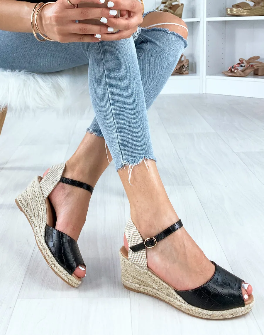 Sandales espadrilles compensées noires effet croco et corde