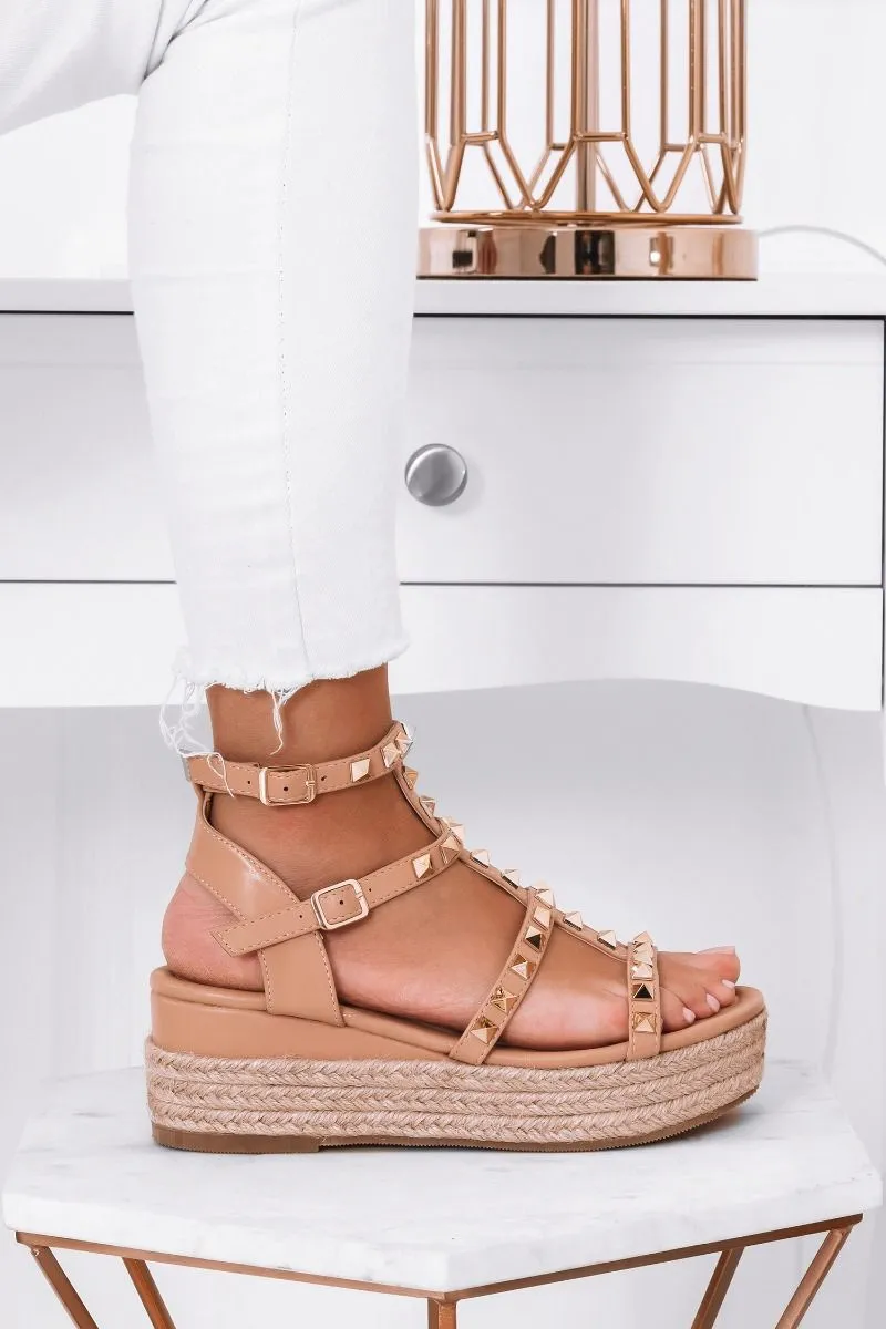 sandali espadrilles con borchie oro beige