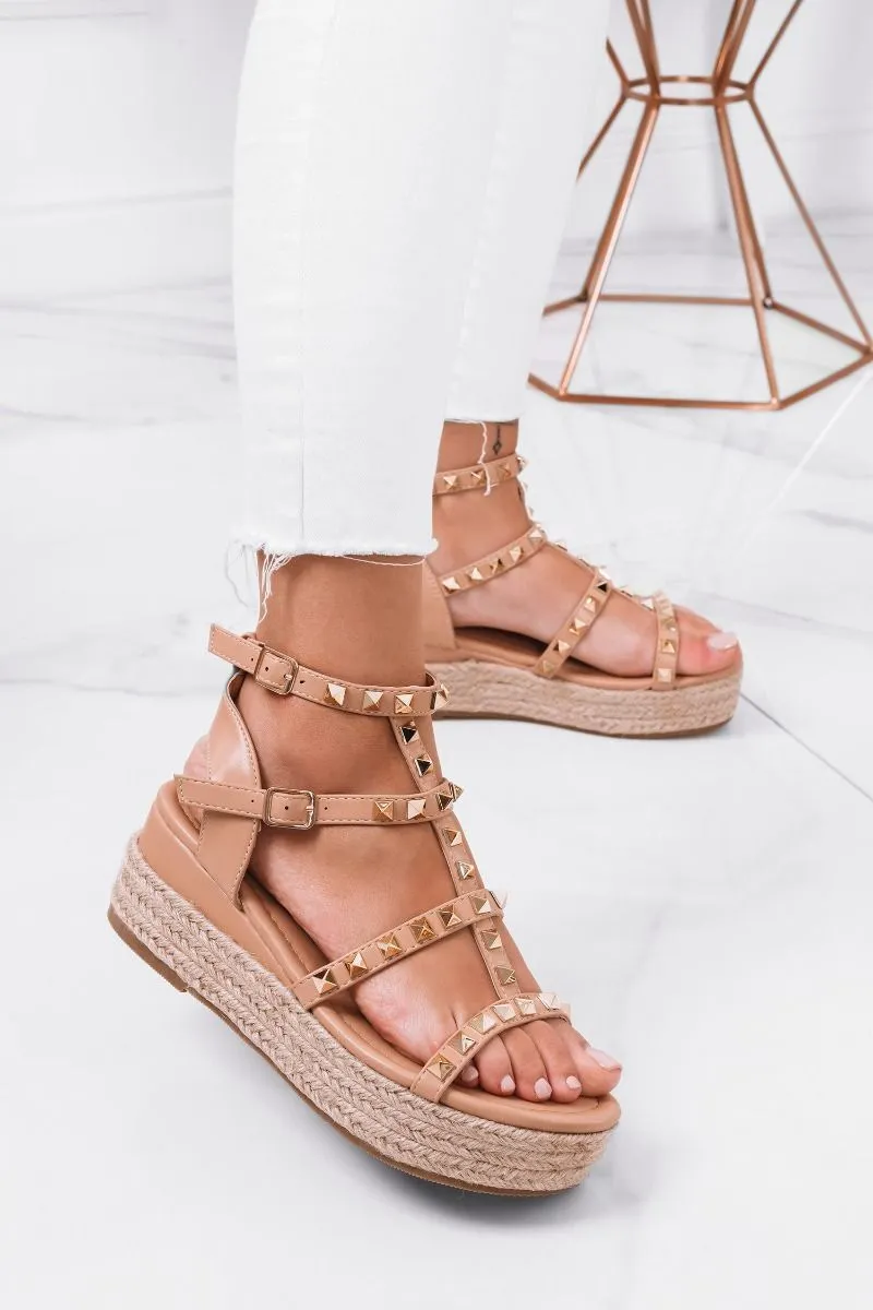 sandali espadrilles con borchie oro beige