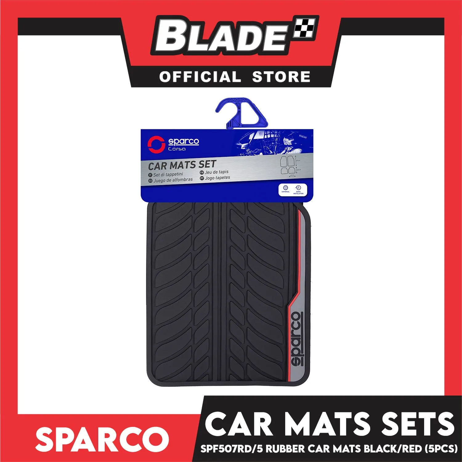 Sparco Corsa Car Mats Set of 5pcs Universal And Quick Installation SPF507RD-5 (Black with Red) Rubber And Durable