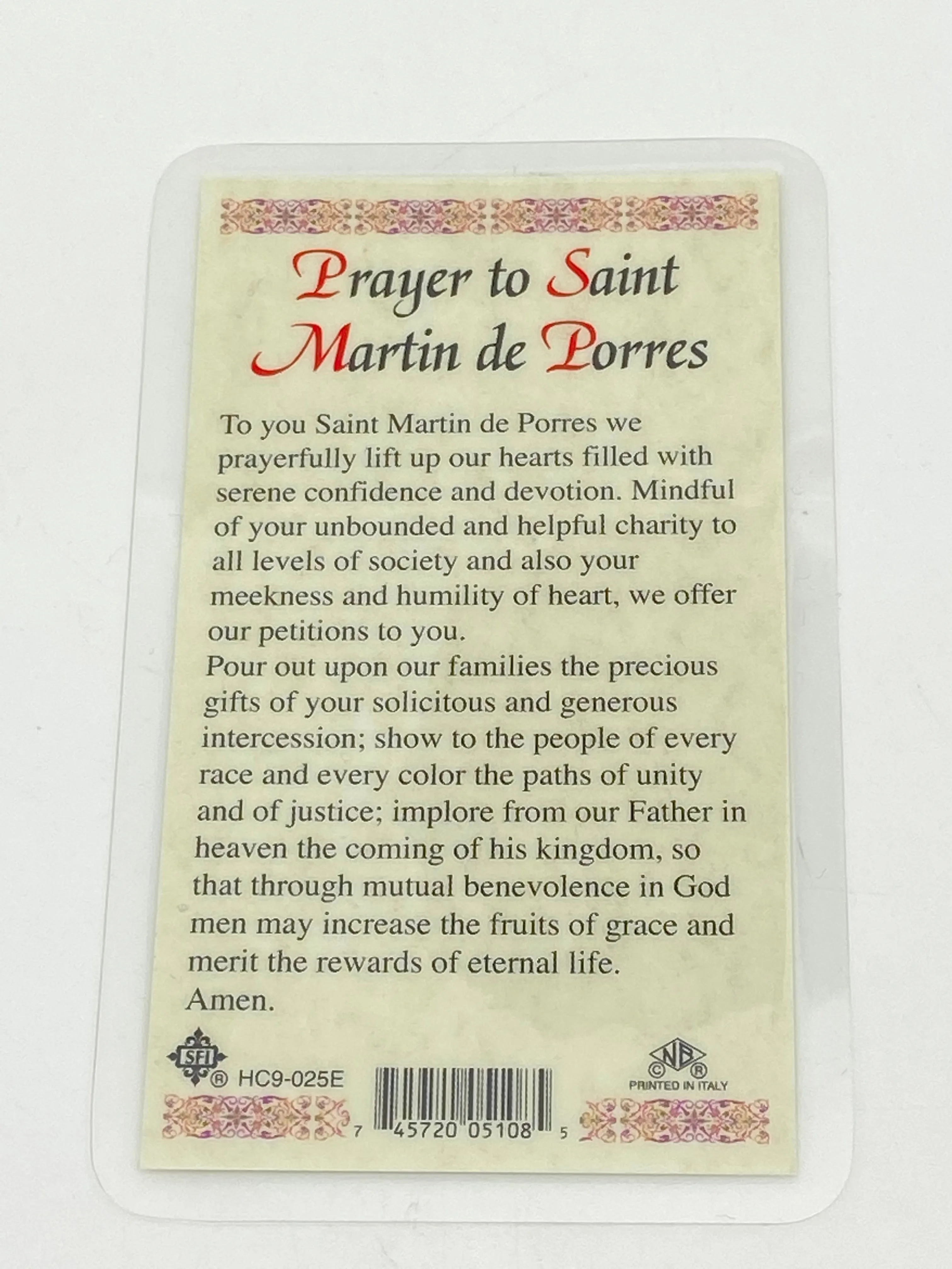 St. Martin de Porres Laminated Holy Card (Plastic Covered)