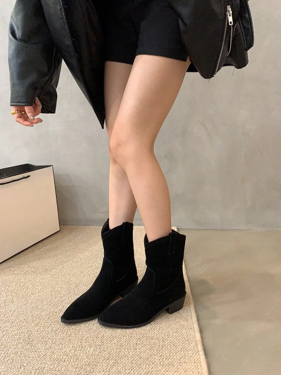 Thick heel pointed retro brown western cowboy boots women's shoes popular new V-mouth short boots spring and autumn Martin boots