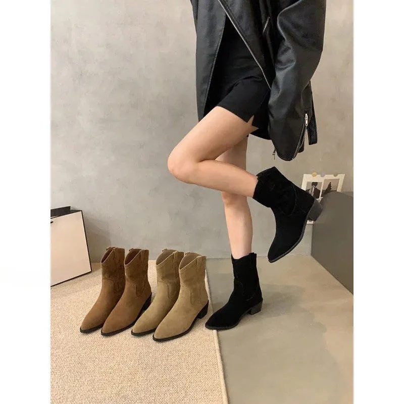 Thick heel pointed retro brown western cowboy boots women's shoes popular new V-mouth short boots spring and autumn Martin boots