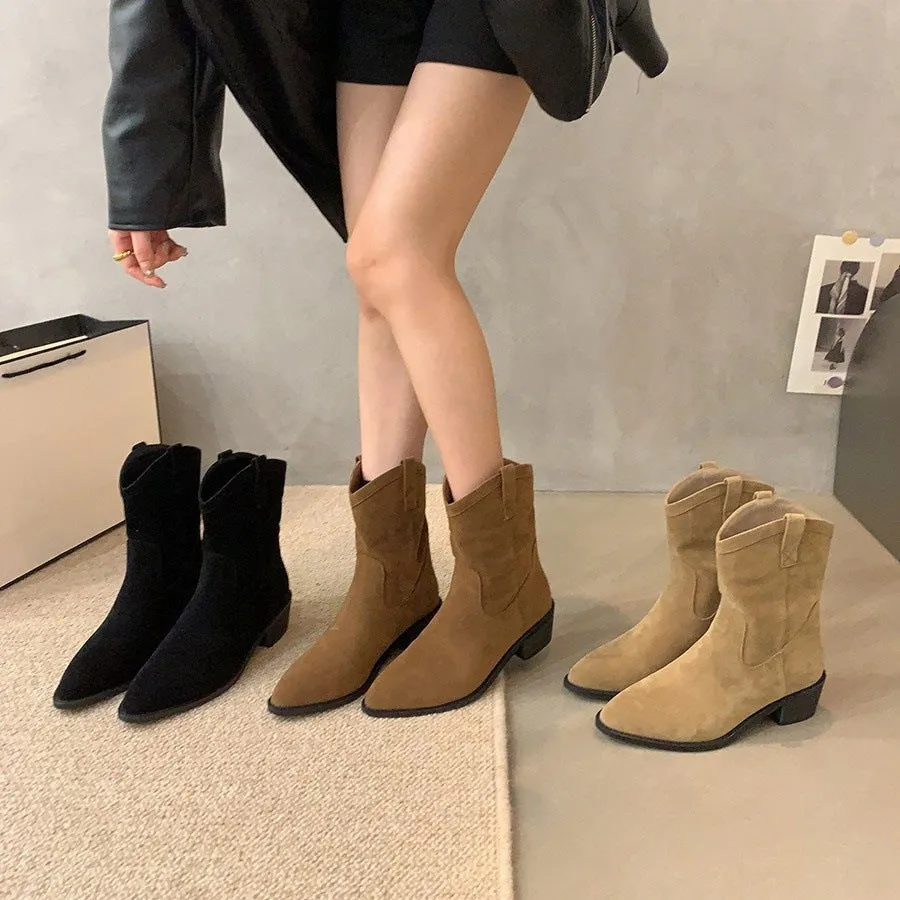 Thick heel pointed retro brown western cowboy boots women's shoes popular new V-mouth short boots spring and autumn Martin boots
