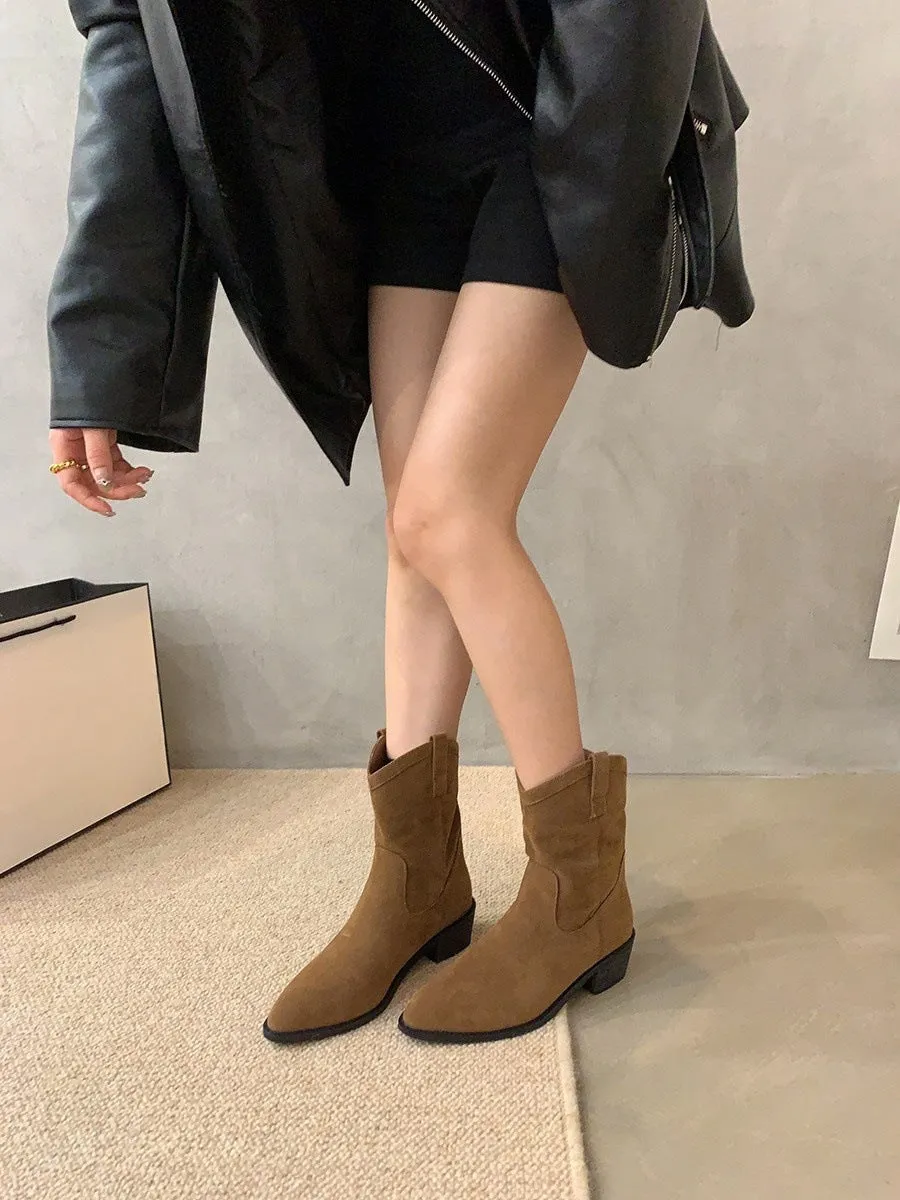 Thick heel pointed retro brown western cowboy boots women's shoes popular new V-mouth short boots spring and autumn Martin boots