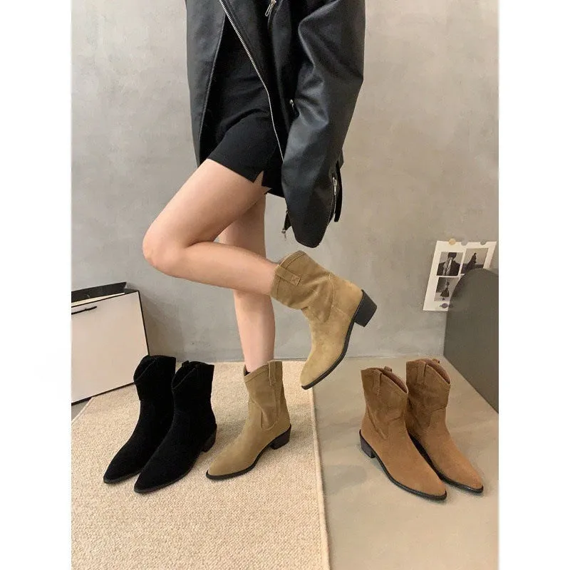 Thick heel pointed retro brown western cowboy boots women's shoes popular new V-mouth short boots spring and autumn Martin boots