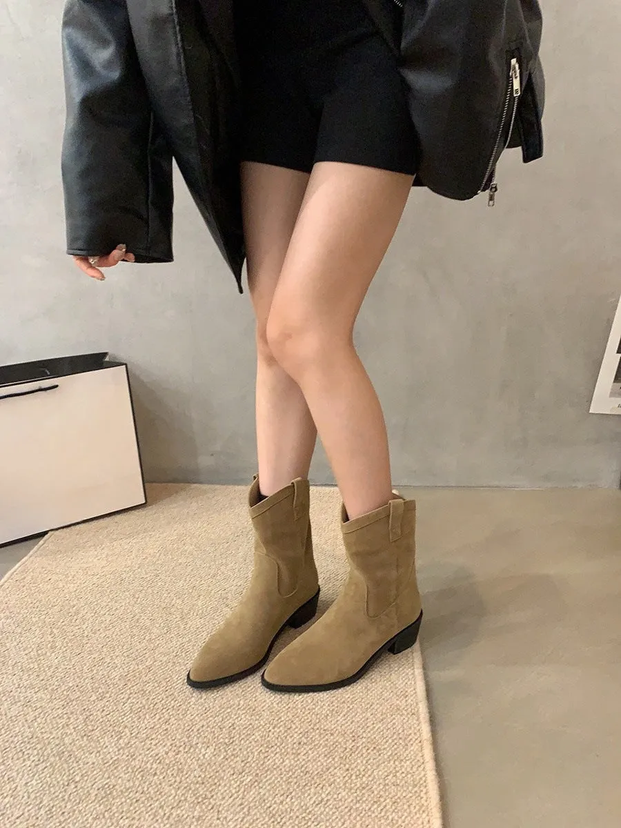Thick heel pointed retro brown western cowboy boots women's shoes popular new V-mouth short boots spring and autumn Martin boots