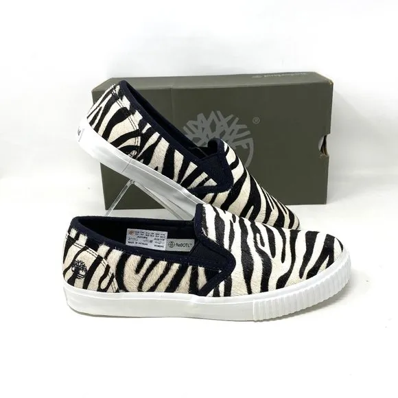Timberland BX2 WOMEN SKYLA BAY SLIP ON ZEBRA LEATHER Black White TB 0A2GW6 BX2