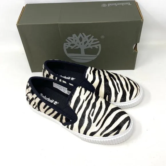 Timberland BX2 WOMEN SKYLA BAY SLIP ON ZEBRA LEATHER Black White TB 0A2GW6 BX2