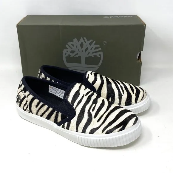 Timberland BX2 WOMEN SKYLA BAY SLIP ON ZEBRA LEATHER Black White TB 0A2GW6 BX2