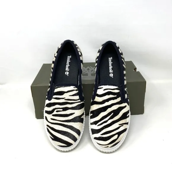 Timberland BX2 WOMEN SKYLA BAY SLIP ON ZEBRA LEATHER Black White TB 0A2GW6 BX2