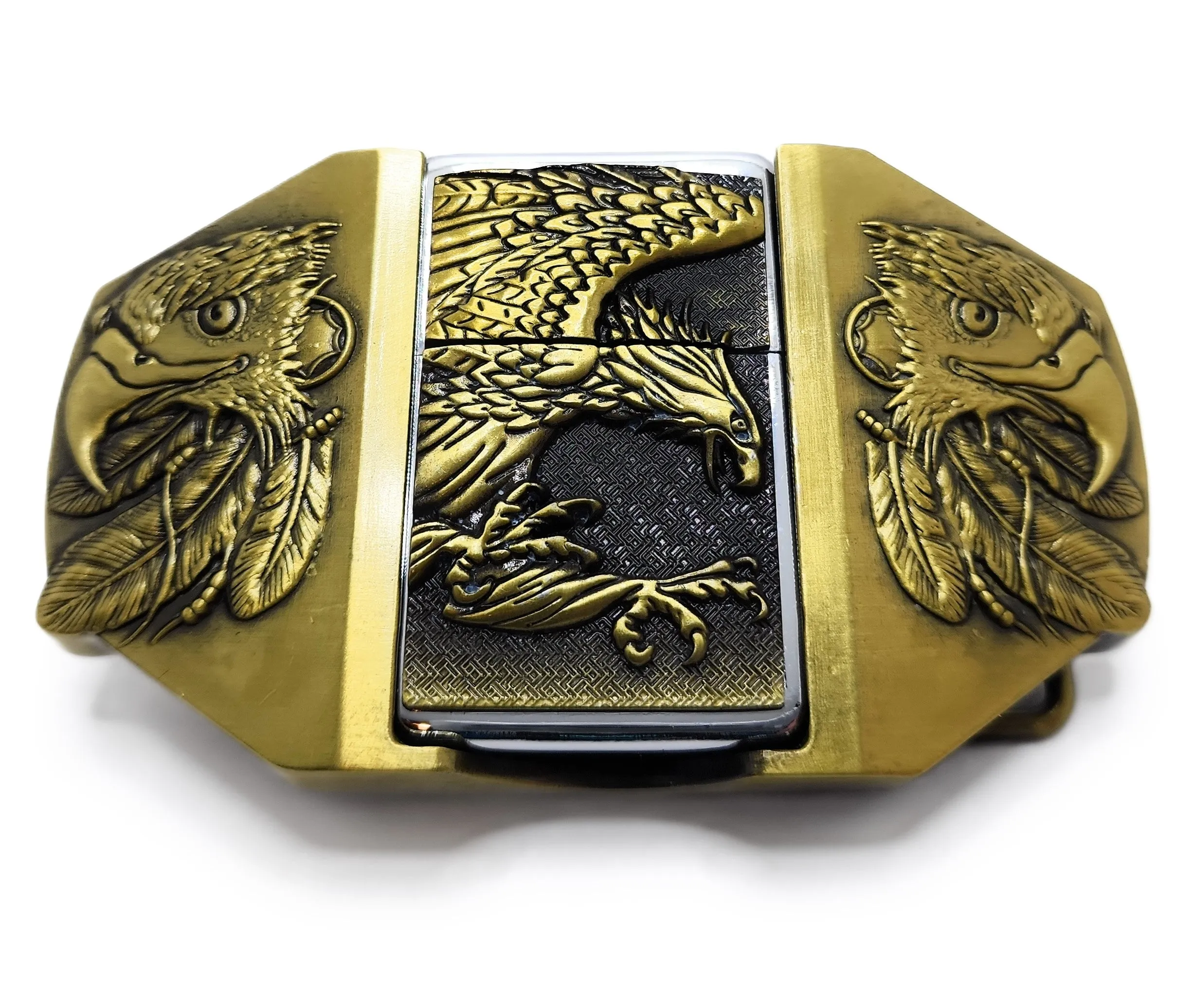Triple Eagle Wings Gold Lighter Belt Buckle / Flip Style Lighter Holder Buckle