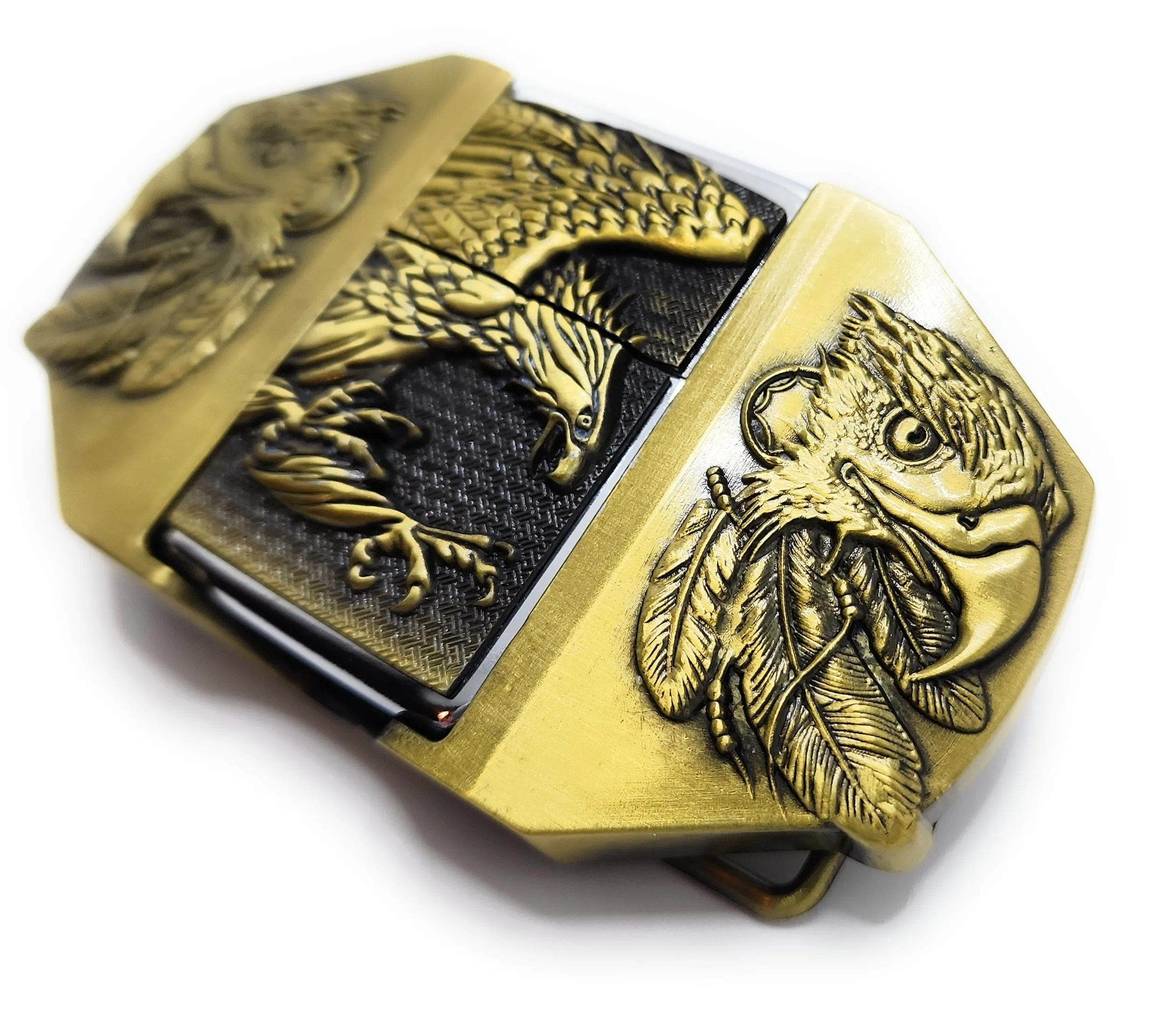 Triple Eagle Wings Gold Lighter Belt Buckle / Flip Style Lighter Holder Buckle