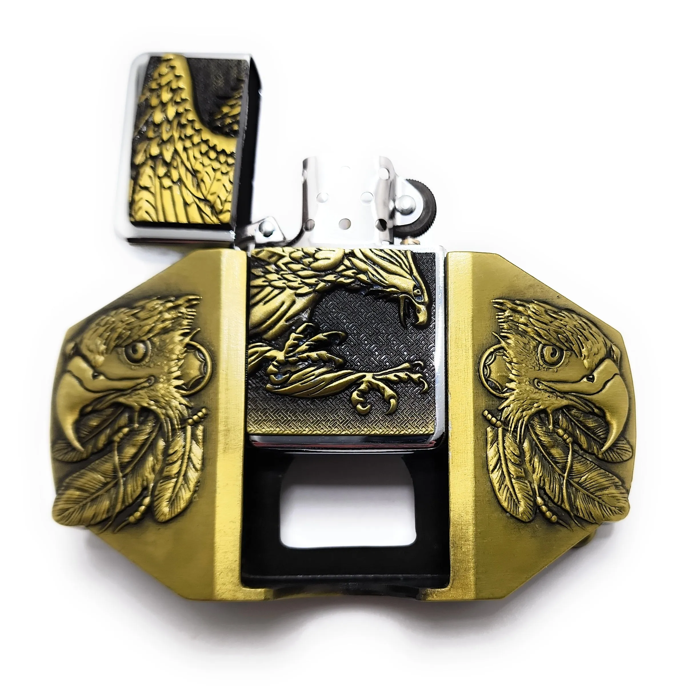 Triple Eagle Wings Gold Lighter Belt Buckle / Flip Style Lighter Holder Buckle