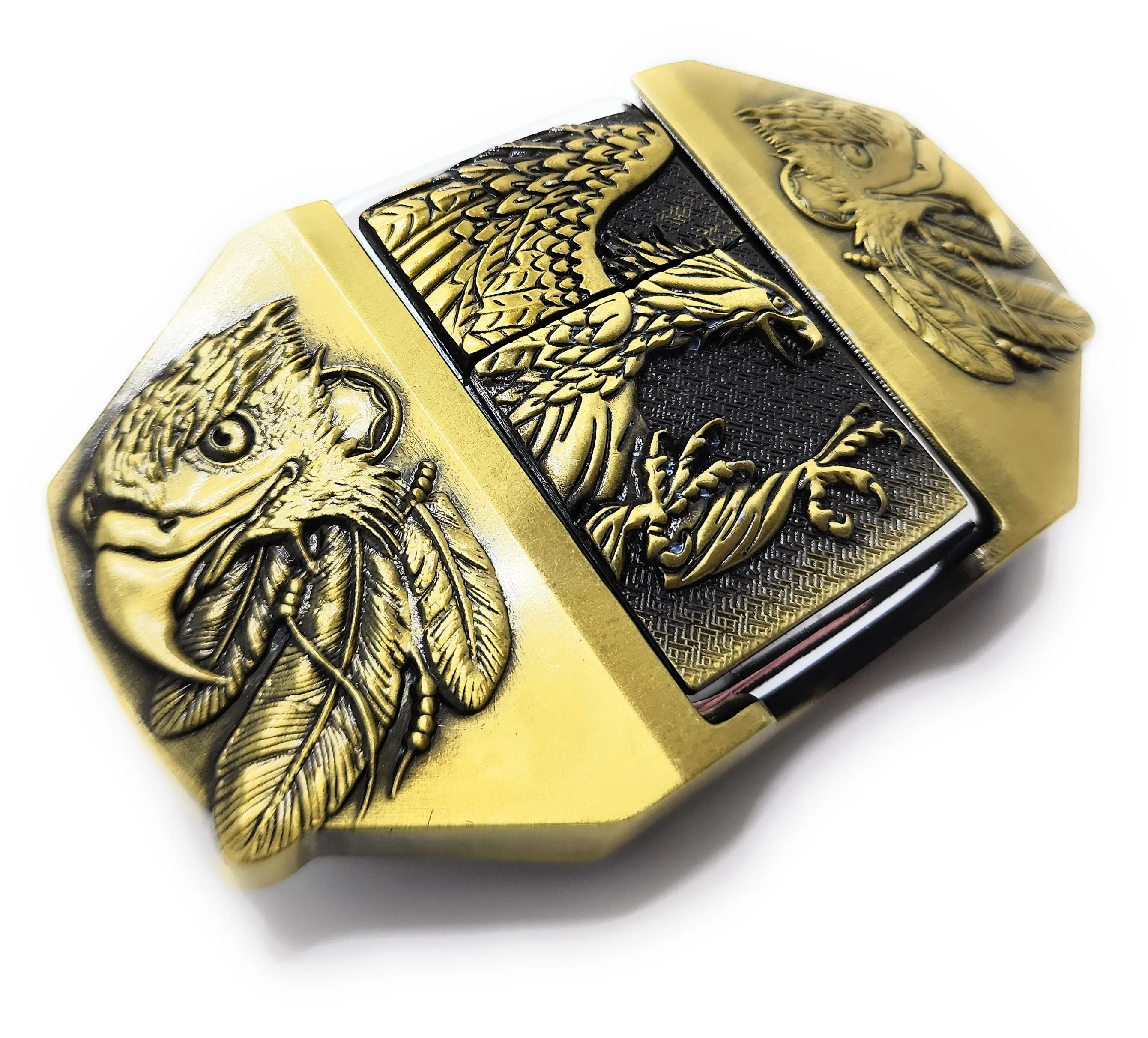 Triple Eagle Wings Gold Lighter Belt Buckle / Flip Style Lighter Holder Buckle