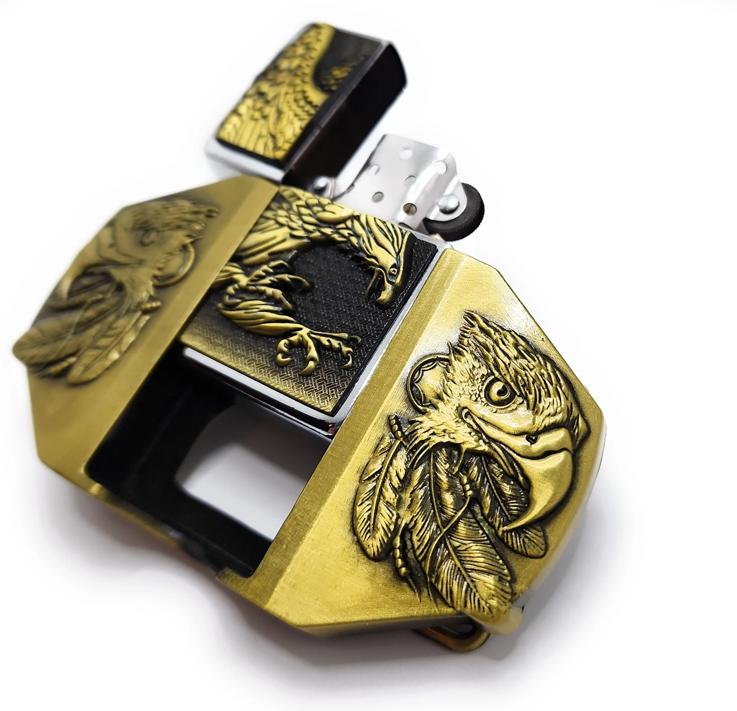 Triple Eagle Wings Gold Lighter Belt Buckle / Flip Style Lighter Holder Buckle