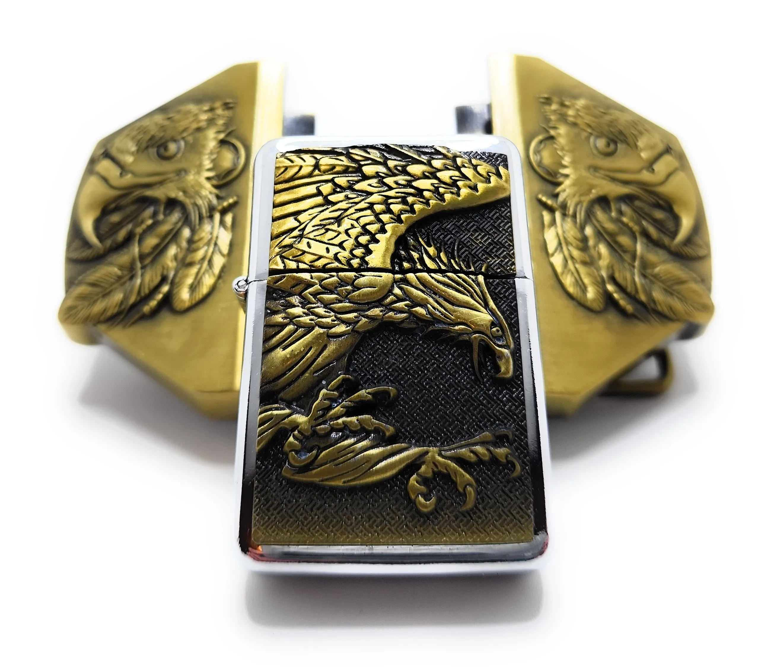 Triple Eagle Wings Gold Lighter Belt Buckle / Flip Style Lighter Holder Buckle