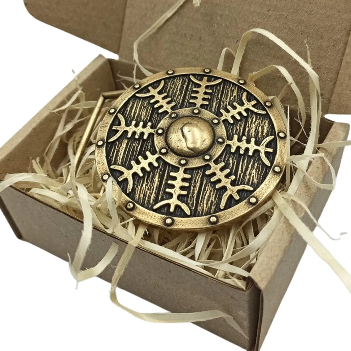 Viking shield belt buckle with Helm of Awe