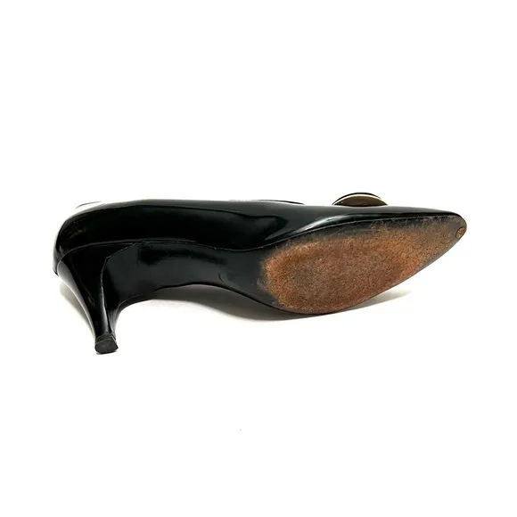 Vintage 1960s black patent leather slip on classic pilgrim heels