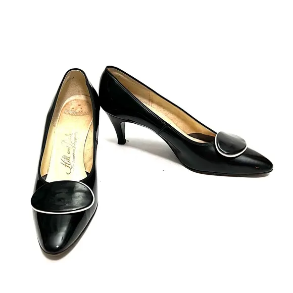 Vintage 1960s black patent leather slip on classic pilgrim heels