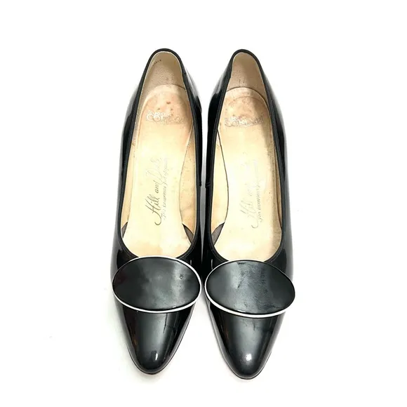Vintage 1960s black patent leather slip on classic pilgrim heels