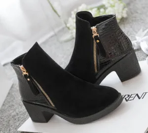 women boots fashion autumn ankle boots pu leather shoes woman suede Splice black blue high heels boots shoes women AA223