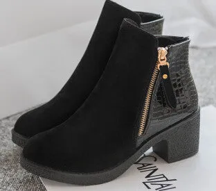 women boots fashion autumn ankle boots pu leather shoes woman suede Splice black blue high heels boots shoes women AA223