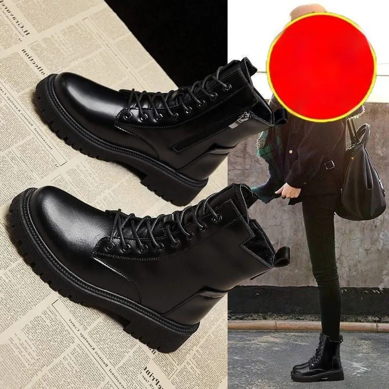 Women's Ankle Height Lace Up Combat Boots with Zipper Side