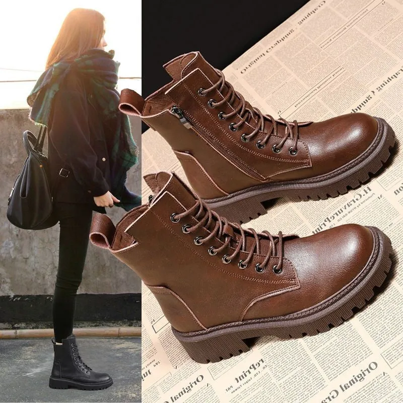 Women's Ankle Height Lace Up Combat Boots with Zipper Side