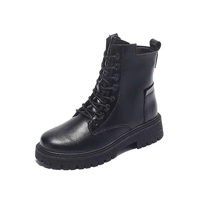 Women's Ankle Height Lace Up Combat Boots with Zipper Side