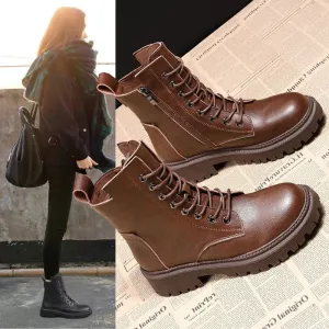 Women's Ankle Height Lace Up Combat Boots with Zipper Side