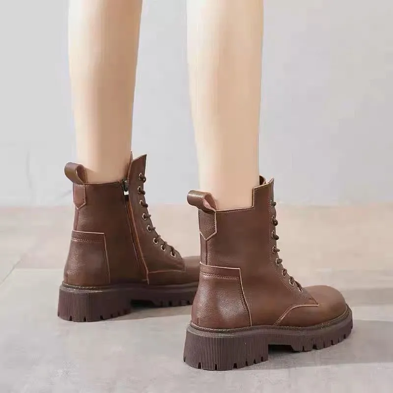 Women's Ankle Height Lace Up Combat Boots with Zipper Side