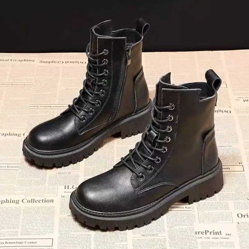 Women's Ankle Height Lace Up Combat Boots with Zipper Side