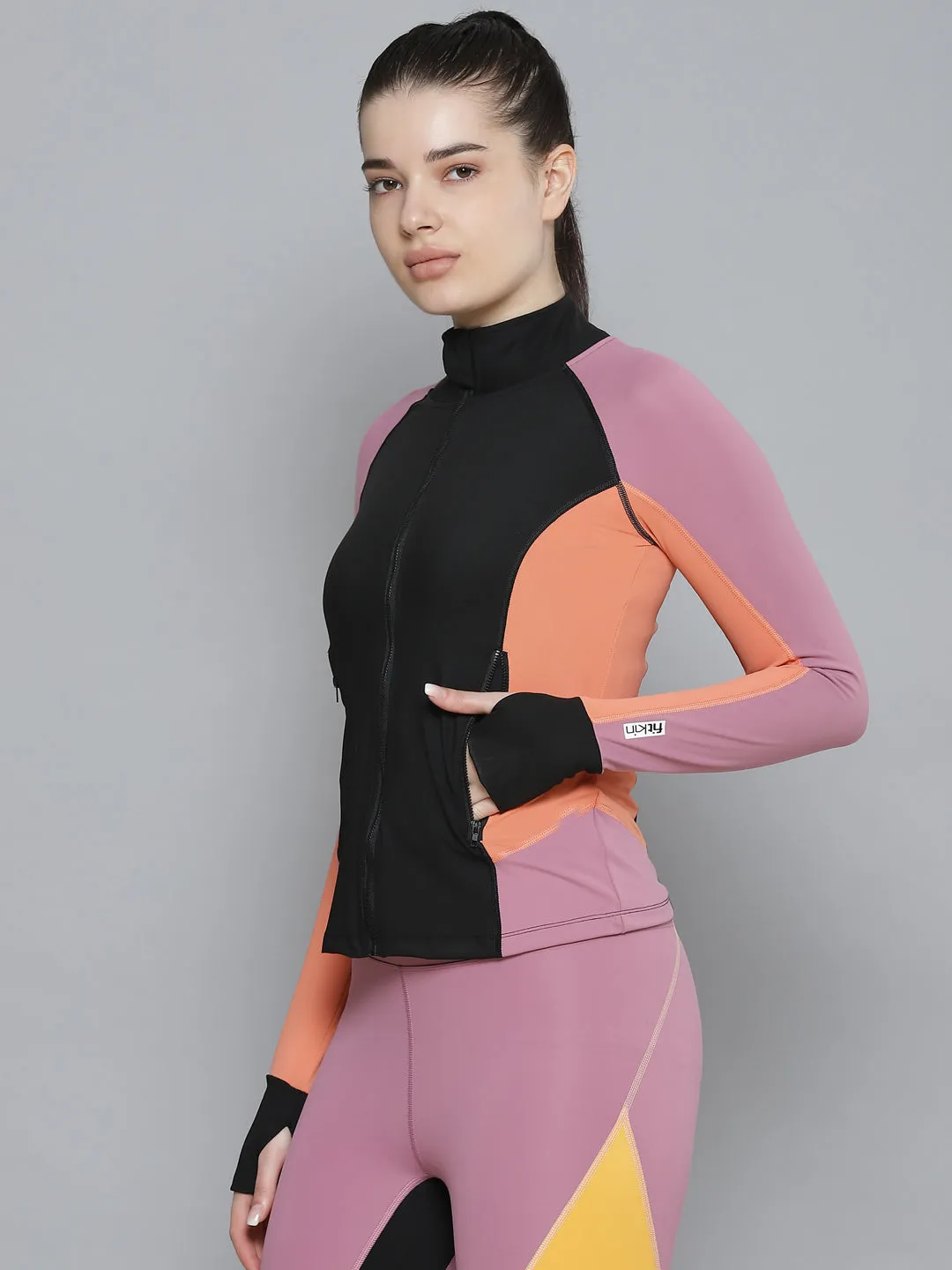 Women's Black & Orange Colourblocked Training Quick Dry Sporty Jacket