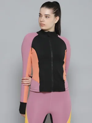 Women's Black & Orange Colourblocked Training Quick Dry Sporty Jacket