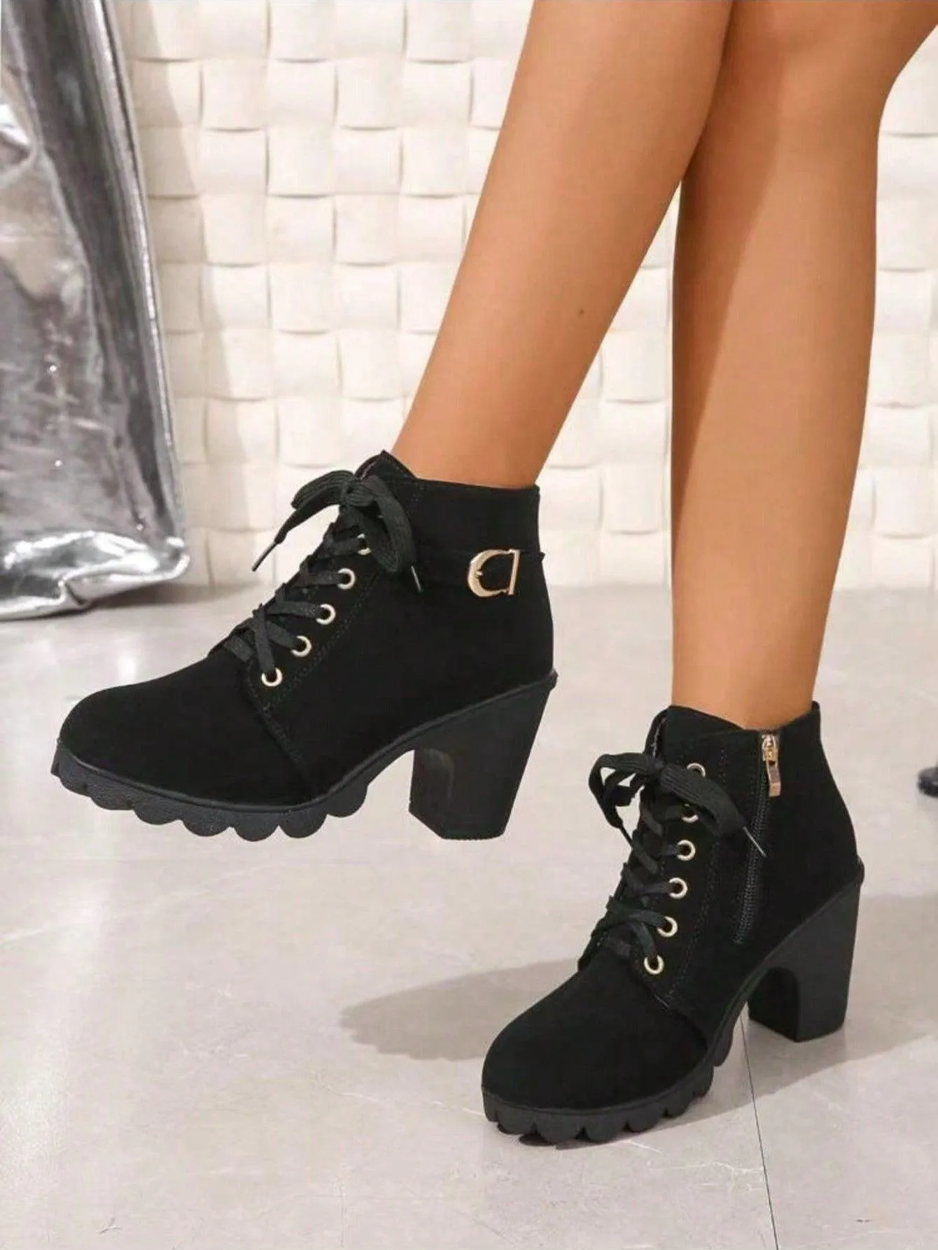 Women's Martin Boots Thick Heel Ankle Boots New British Style High Heel Lace Up Shoes