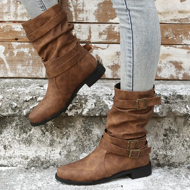 Women's Solid Color Chunky Heel Cowboy Boots